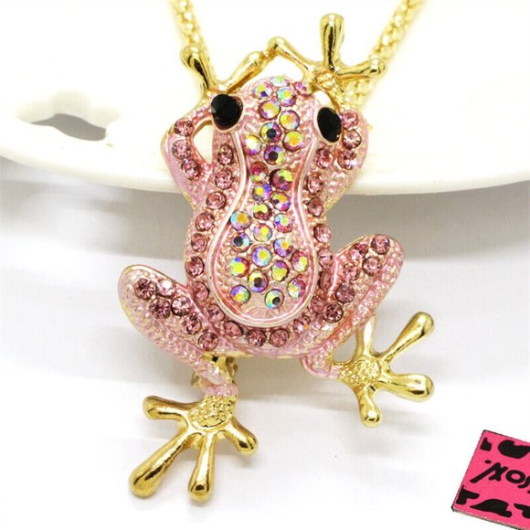 NEW Betsey Johnson Pink AB Tree Frog Necklace Pendant Chain - Picture 1 of 3